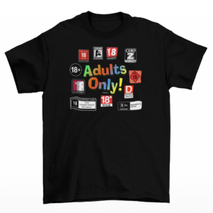 Black T-shirt with various Adult's Only ratings from around the world.